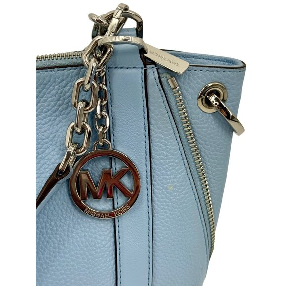 Michael Kors Blue Pebbled Leather Shoulder Bag With Chain Straps & MK Logo Charm - Picture 5 of 16